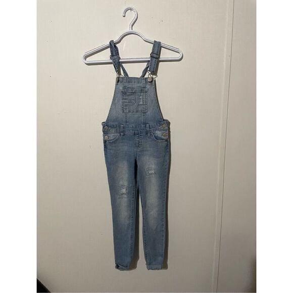 Justice Youth Teen Size 7 Blue Distressed Denim Overalls - Picture 1 of 7